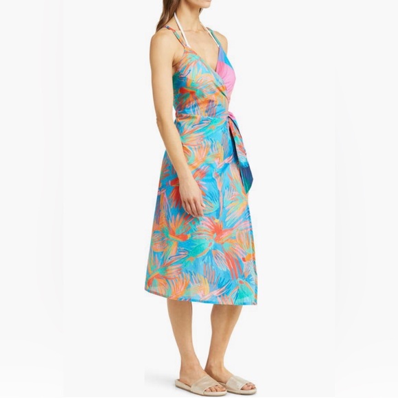 NWT $165 FARM Rio Painted Birds Cotton Cover-Up Dress, BLUE MULTI, Large! - Picture 3 of 6